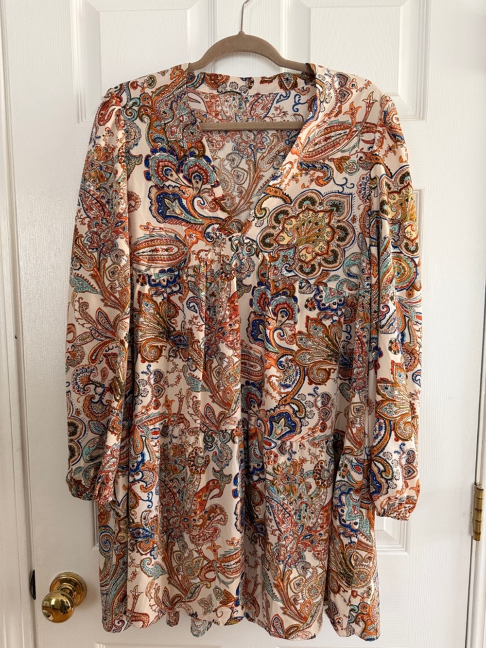 Paisley V-Neck Long Sleeve Tunic Top - Cream Multi